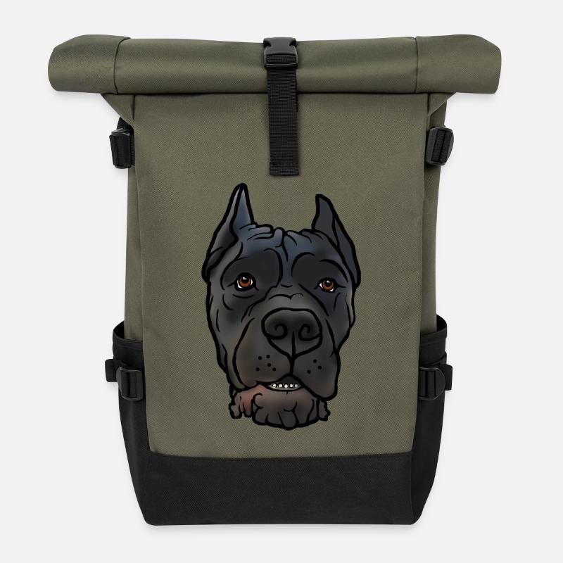 Cane Corso kupiert Kopf im Comicstyle - Rolltop Rucksack - Olive/Schwarz