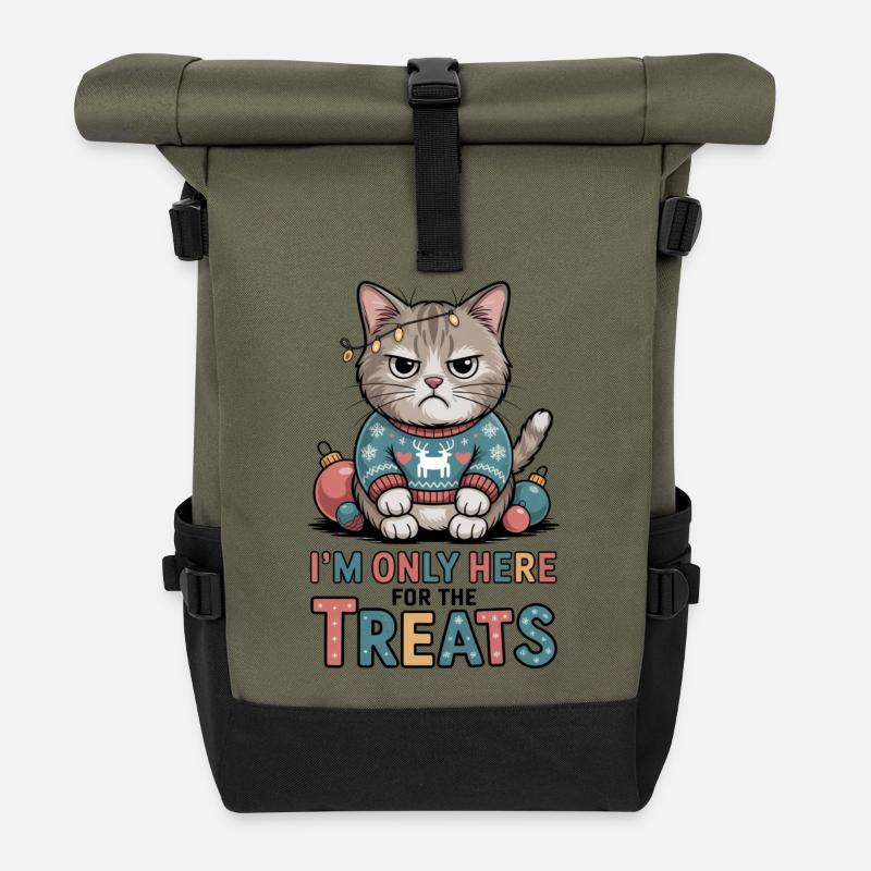 Grim cat in Christmas sweater - Roll Top Backpack - olive/black