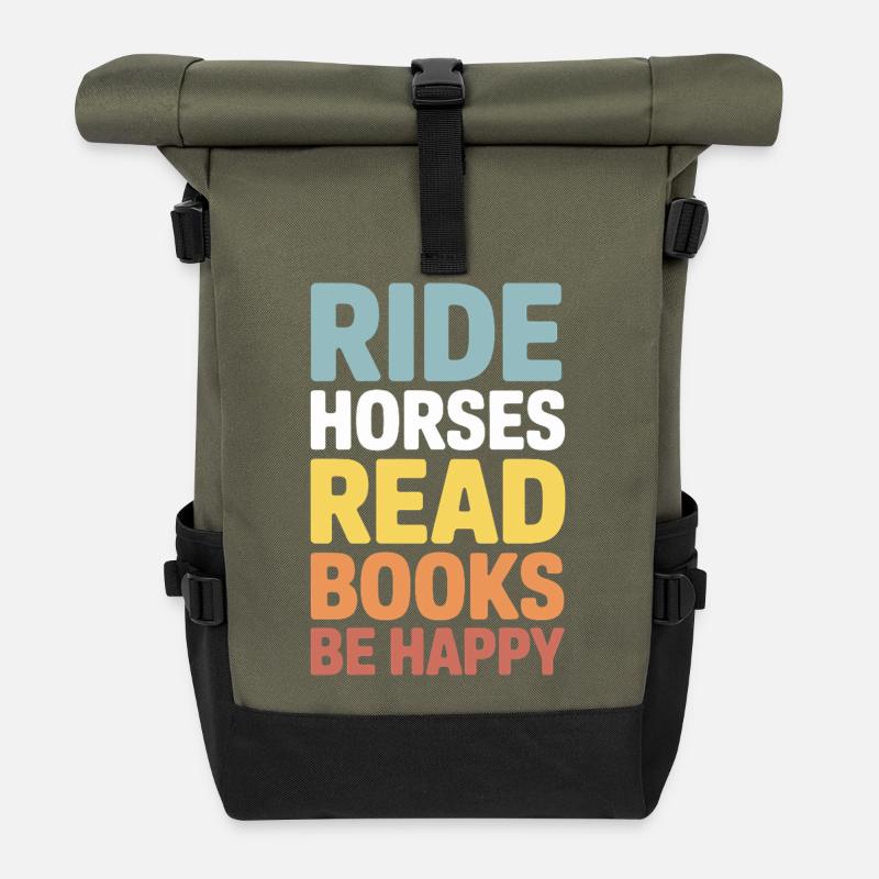 Reite Pferde, lies Bücher, sei glücklich - Rolltop Rucksack - Olive/Schwarz