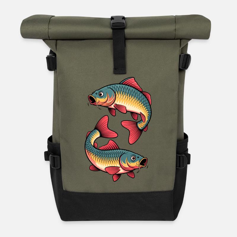 Karpfen – Sportfischer Design mit zwei Karpfen - Rolltop Rucksack - Olive/Schwarz