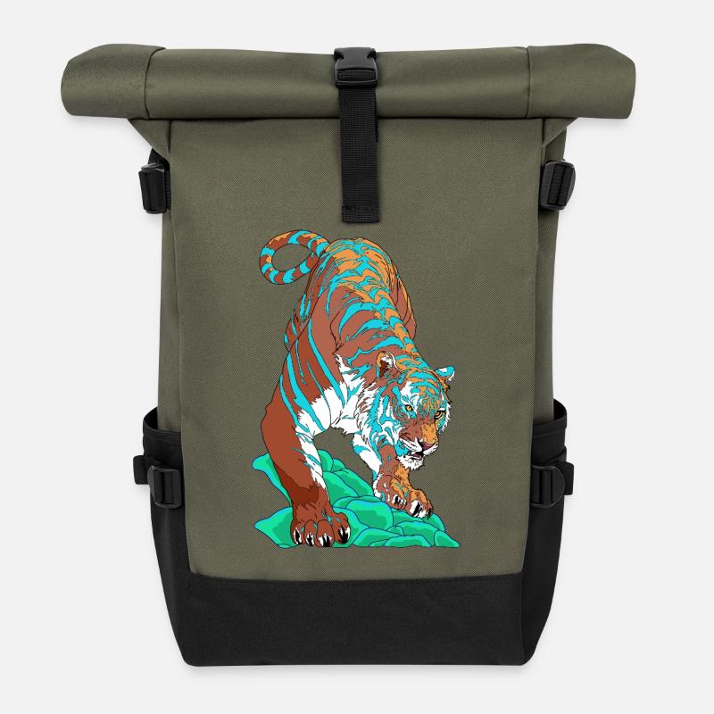 Türkisblauer Tiger auf Felsen - Rolltop Rucksack - Olive/Schwarz