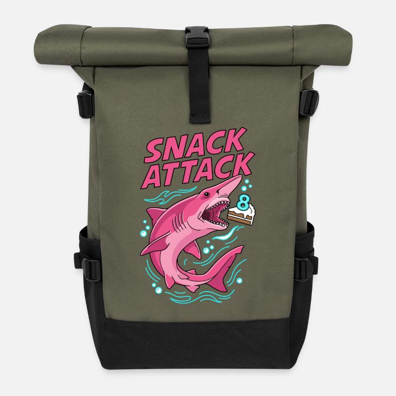 Snack Attack 8. Geburtstag Hai - Rolltop Rucksack - Olive/Schwarz