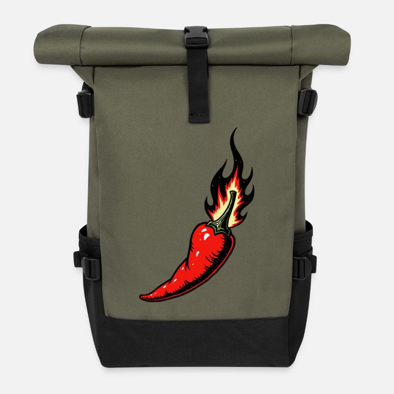 Rote scharfe Chili mit Flammen - Rolltop Rucksack - Olive/Schwarz