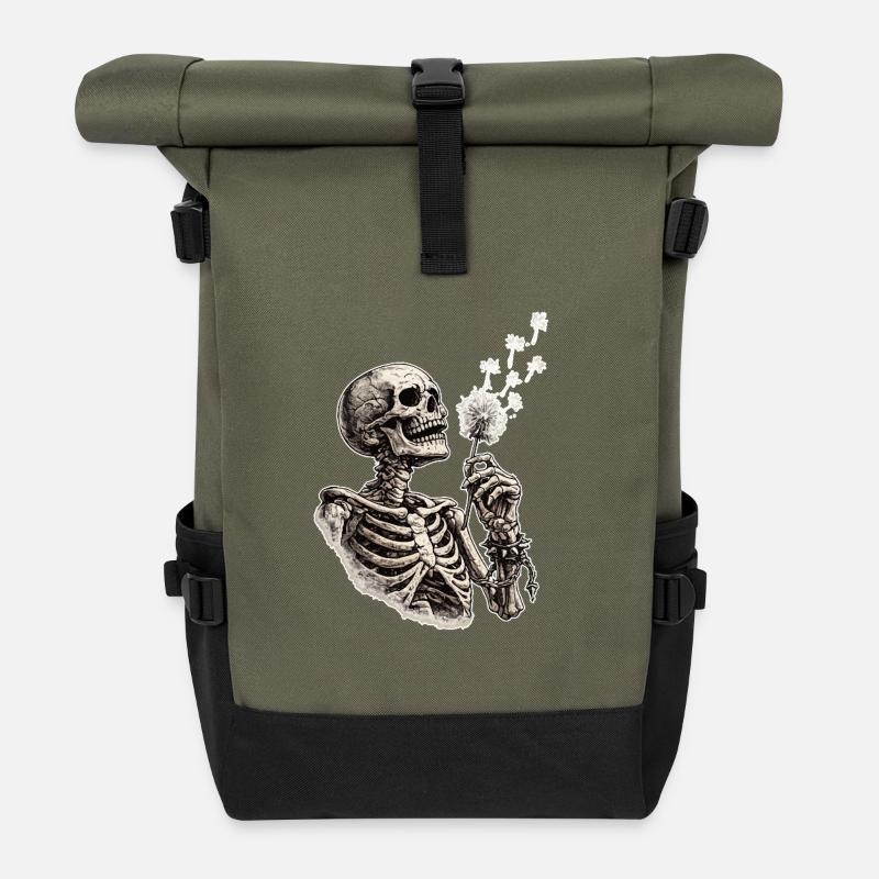 Skeleton with dandelion - Roll Top Backpack - olive/black