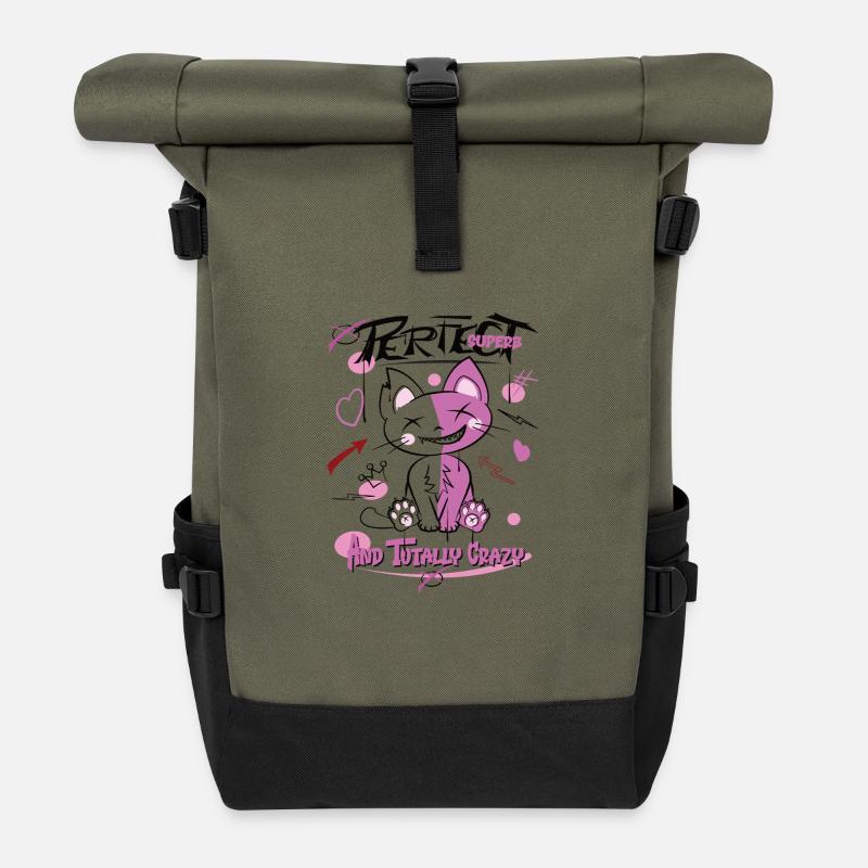 Katze, perfekt und verrückt, Graffiti - Rolltop Rucksack - Olive/Schwarz