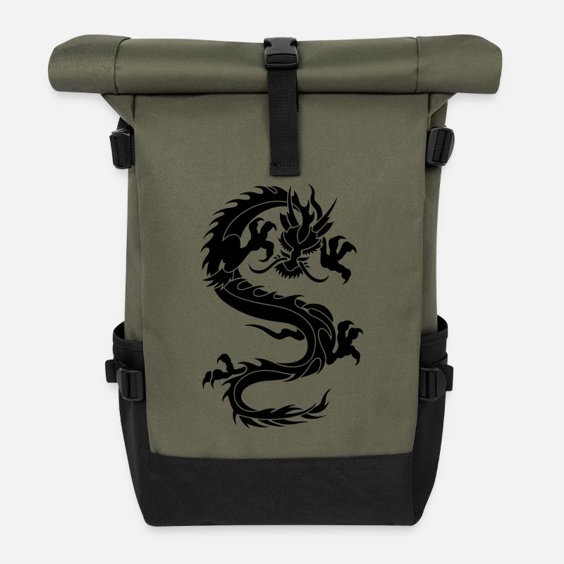 dragon chinois tribal - Sac à dos roll top - olive/noir