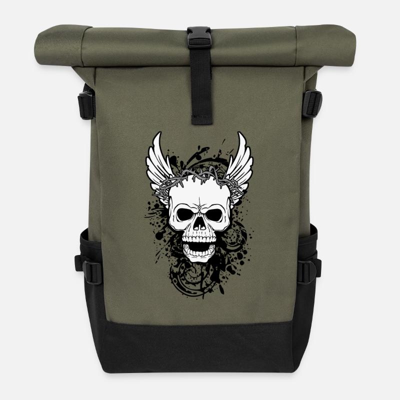 skull with wings - Roll Top Backpack - olive/black