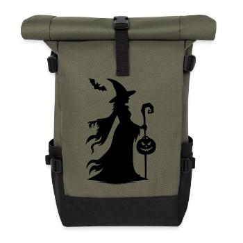 Halloween Hexe mit Kürbis und Fledermaus Zauber - Rolltop Rucksack - Olive/Schwarz - Vorne