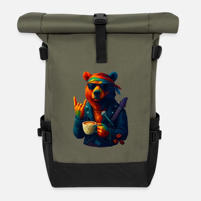 WPAP Style Animals - Grizzly Bear Guitarist & Headband - Roll Top Backpack - olive/black