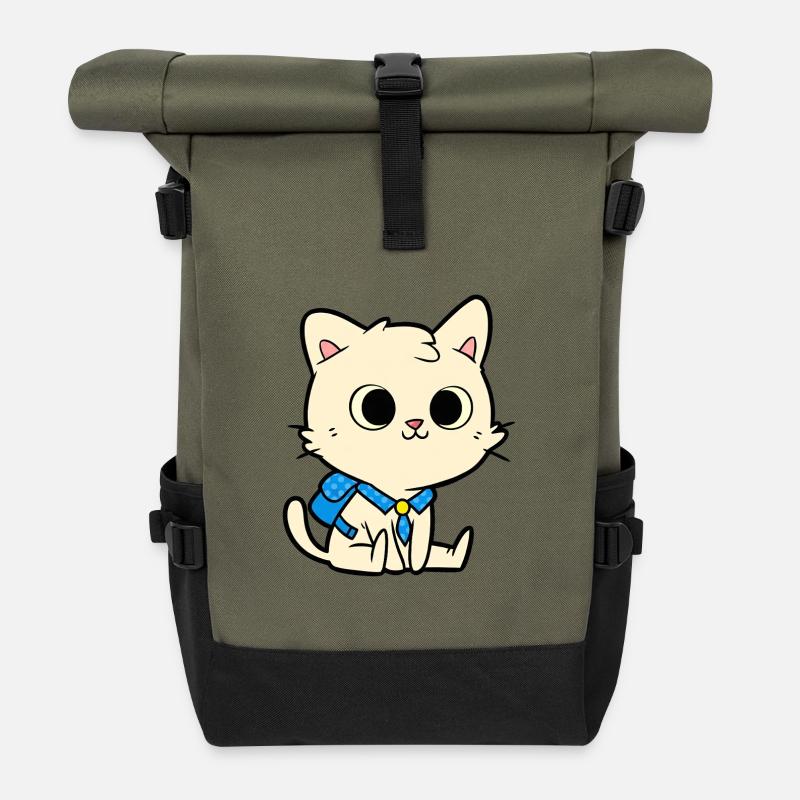 Niedlicher Schulkatze Cartoon-Design - Rolltop Rucksack - Olive/Schwarz