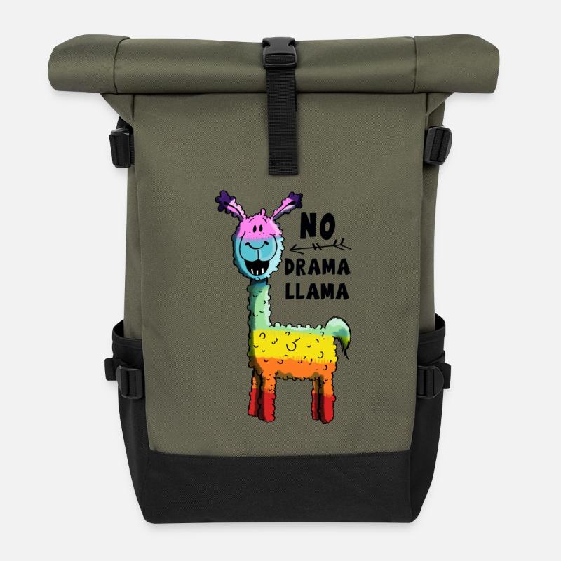 Regenbogen No Drama Llama - Lama - Geschenk - Rolltop Rucksack - Olive/Schwarz