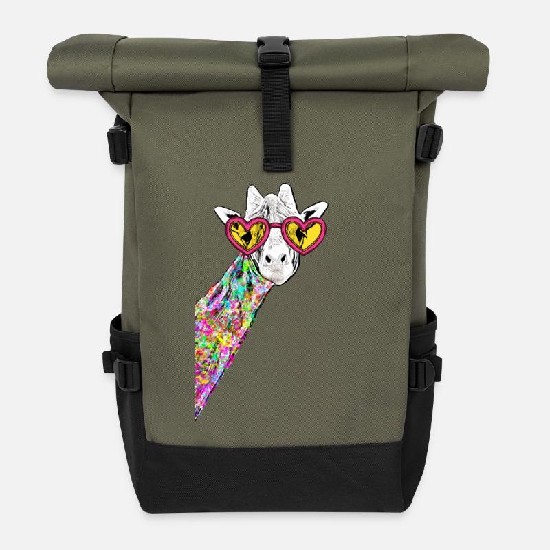 Zeichnung Süße Giraffe Bunt Hipster Mit Herzbrille - Rolltop Rucksack - Olive/Schwarz