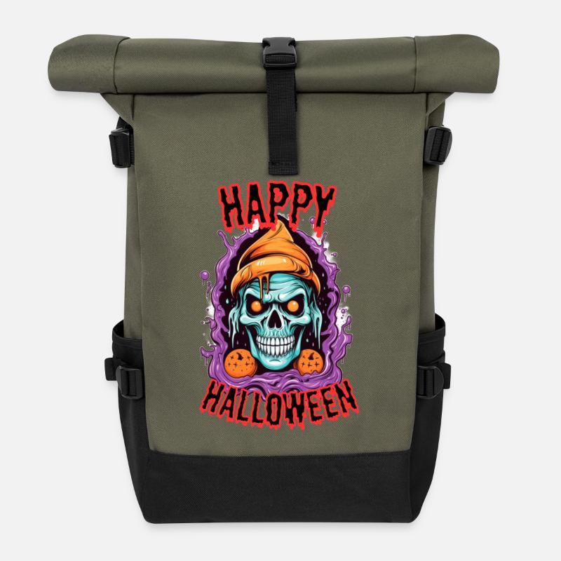 Horror Skull Halloween Design - Roll Top Backpack - olive/black
