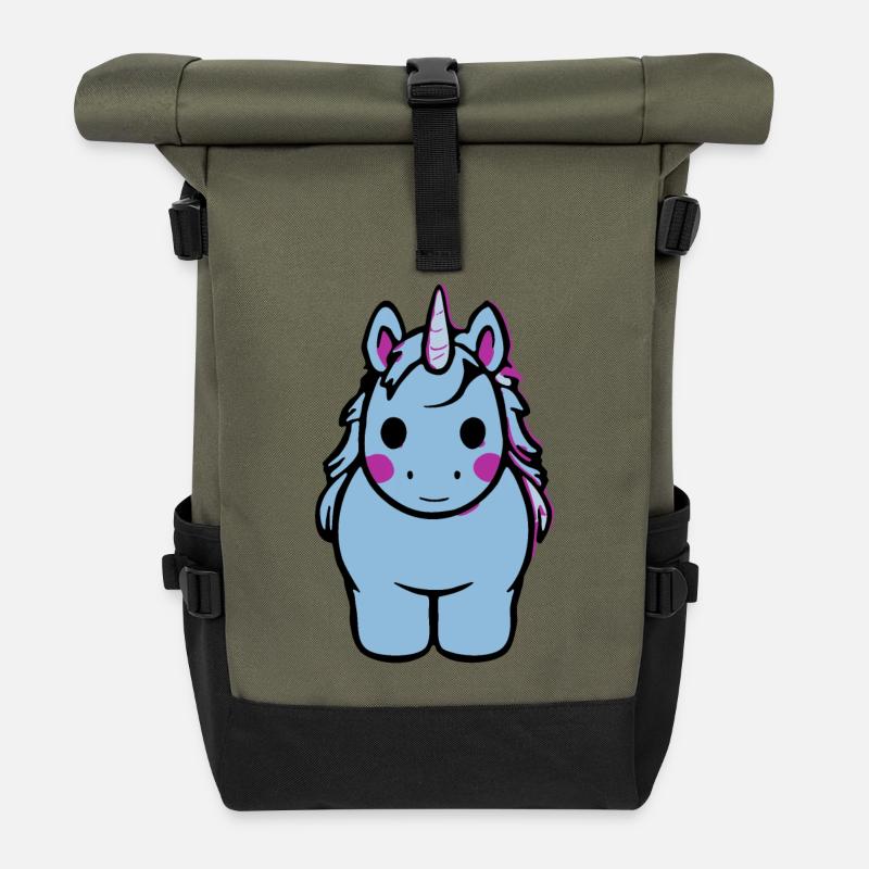 Blue Unicorn Cartoon Charm - Roll Top Backpack - olive/black