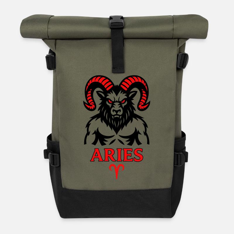 Signe du zodiaque Bélier avec symbole de cornes - Sac à dos roll top - olive/noir