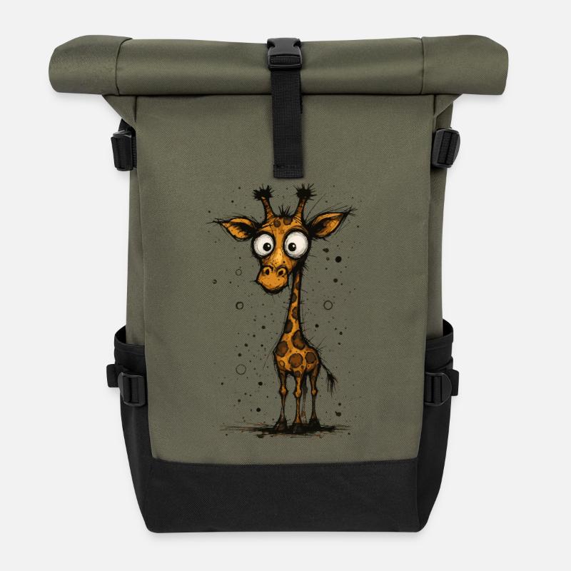Girafe drôle avec de grands yeux - éclaboussure comique - Sac à dos roll top - olive/noir