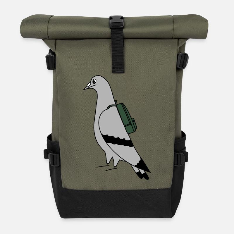 Pigeon with Backpack – Urban Minimal Illustration - Rolltop Rucksack - Olive/Schwarz