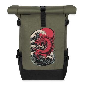  Roter Drache Im Sturmmeer Japanische Wellen - Rolltop Rucksack - Olive/Schwarz - Vorne