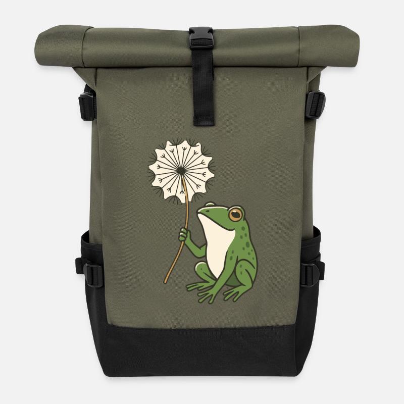 Frosch mit Pusteblume – Natur trifft Ruhe - Rolltop Rucksack - Olive/Schwarz