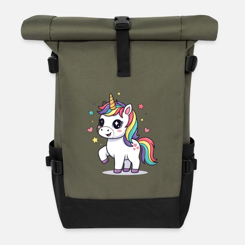 Verspieltes Einhorn mit Regenbogenmähne - Rolltop Rucksack - Olive/Schwarz