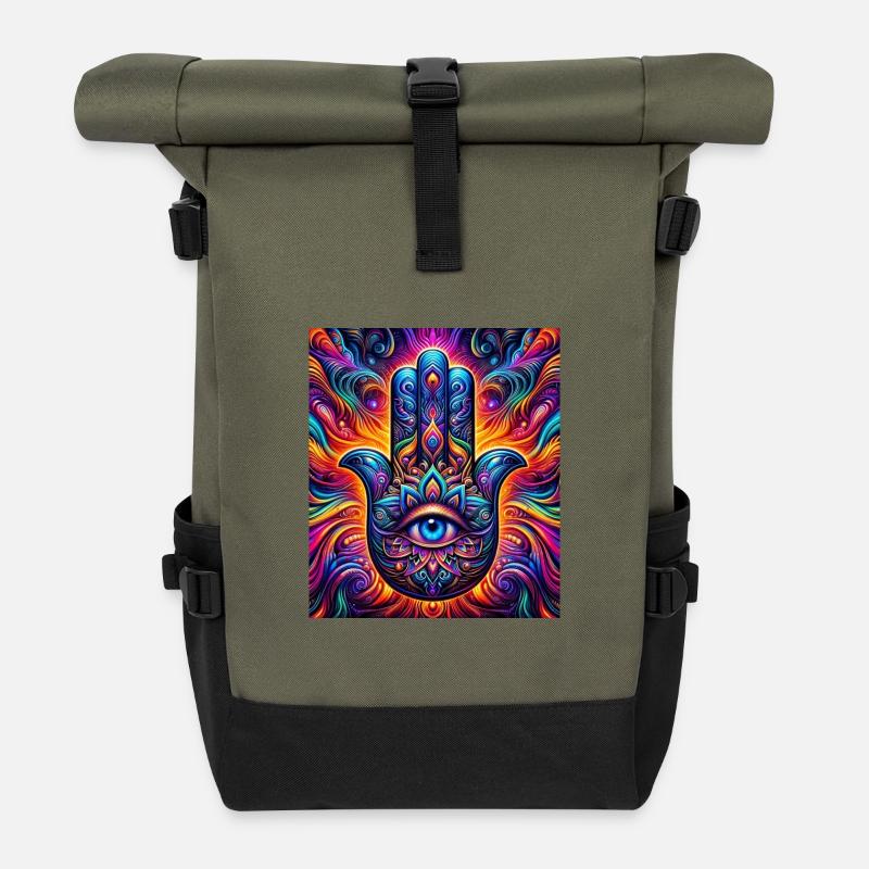 Psychedelische Hamsa Auge Hand Mandala - Rolltop Rucksack - Olive/Schwarz