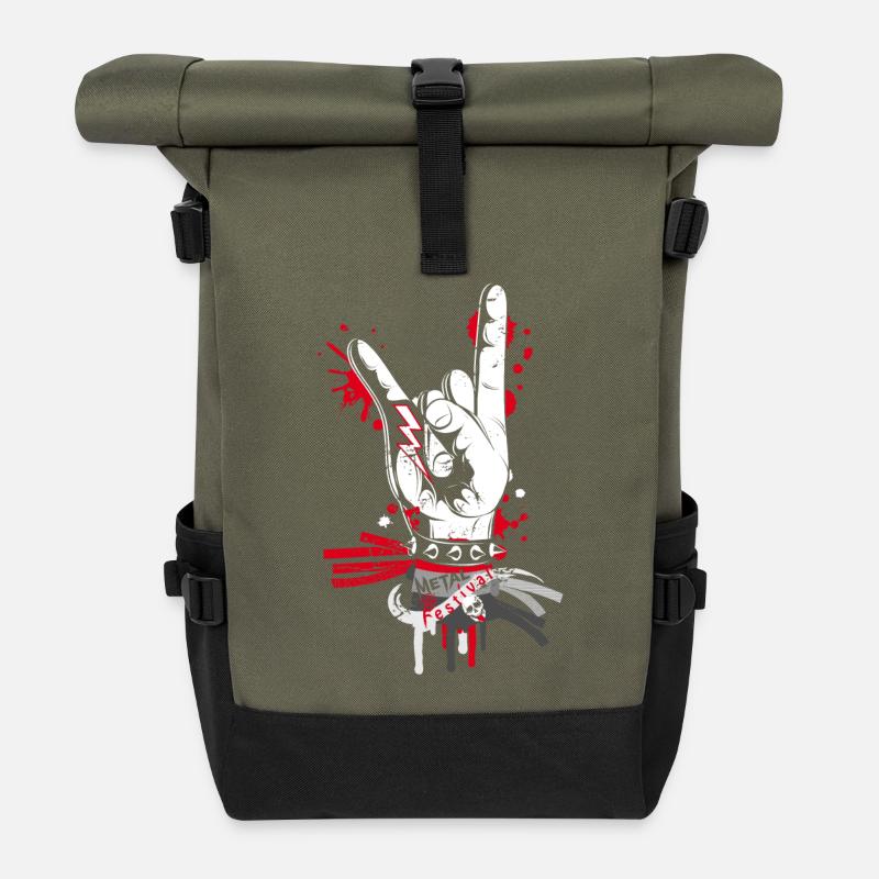 gezeichnetes Metal- und Rock-Handzeichen - Rolltop Rucksack - Olive/Schwarz