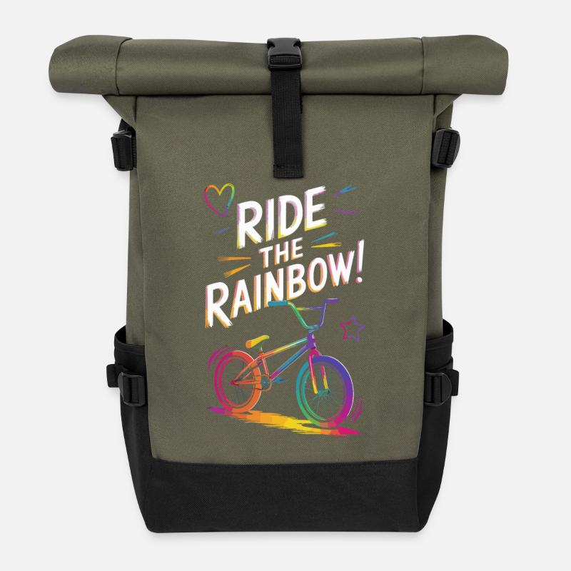 Lebendiges Regenbogen-Fahrraddesign - Rolltop Rucksack - Olive/Schwarz