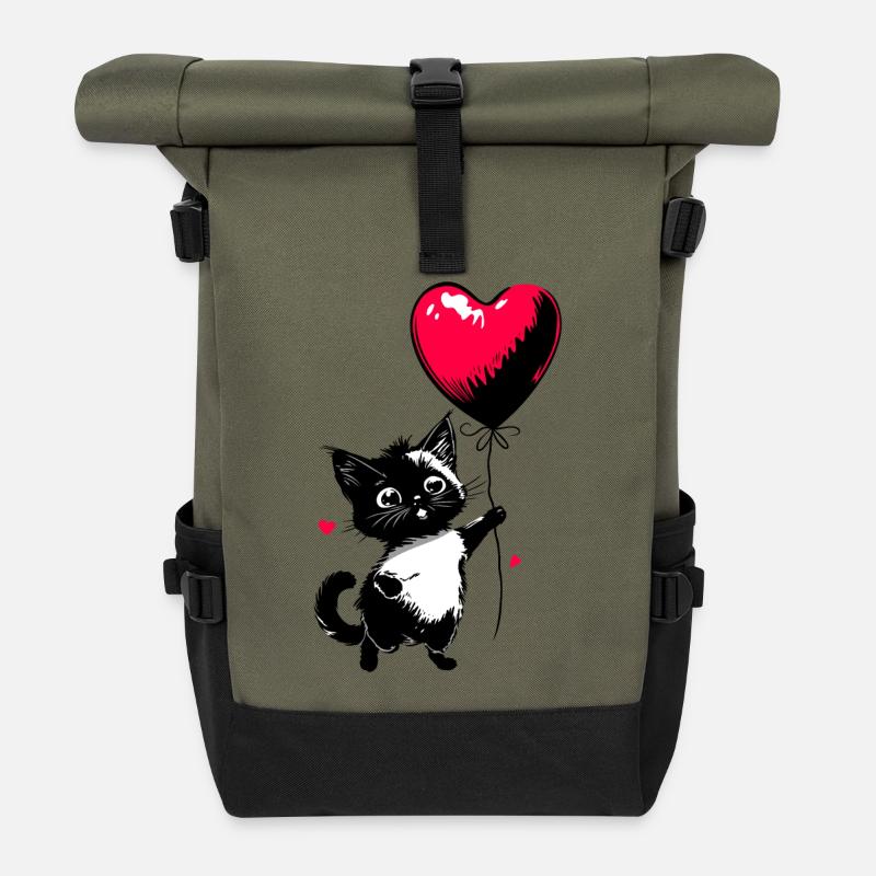 Katze mit Herz Luftballon - Heartful Creatures - Rolltop Rucksack - Olive/Schwarz
