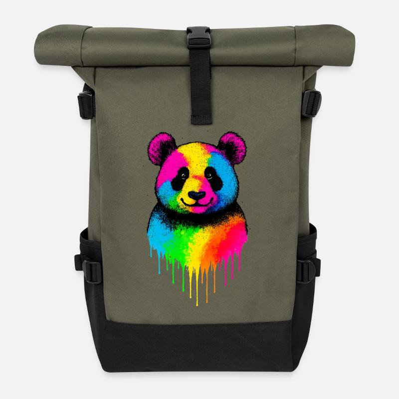 Regenbogen Panda Tropfende Kunst - Rolltop Rucksack - Olive/Schwarz