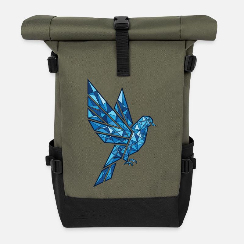 Polygon Taube Blau Flying–Abstract Geometric Dove - Rolltop Rucksack - Olive/Schwarz