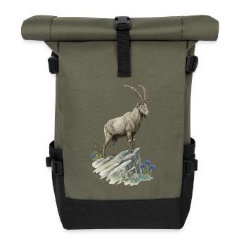 Alpen Steinbock Edelweiß Bergtier Naturmotiv - Rolltop Rucksack - Olive/Schwarz - Vorne