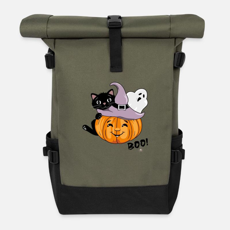 Smiling pumpkin with black cat and ghost - Roll Top Backpack - olive/black