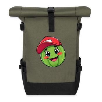 Lächelnde Wassermelonenfigur mit roter Baseballkappe - Rolltop Rucksack - Olive/Schwarz - Vorne