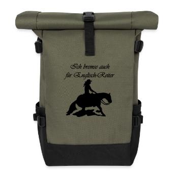 Ich bremse auch für Englischreiter Reiterspruch - Rolltop Rucksack - Olive/Schwarz - Vorne
