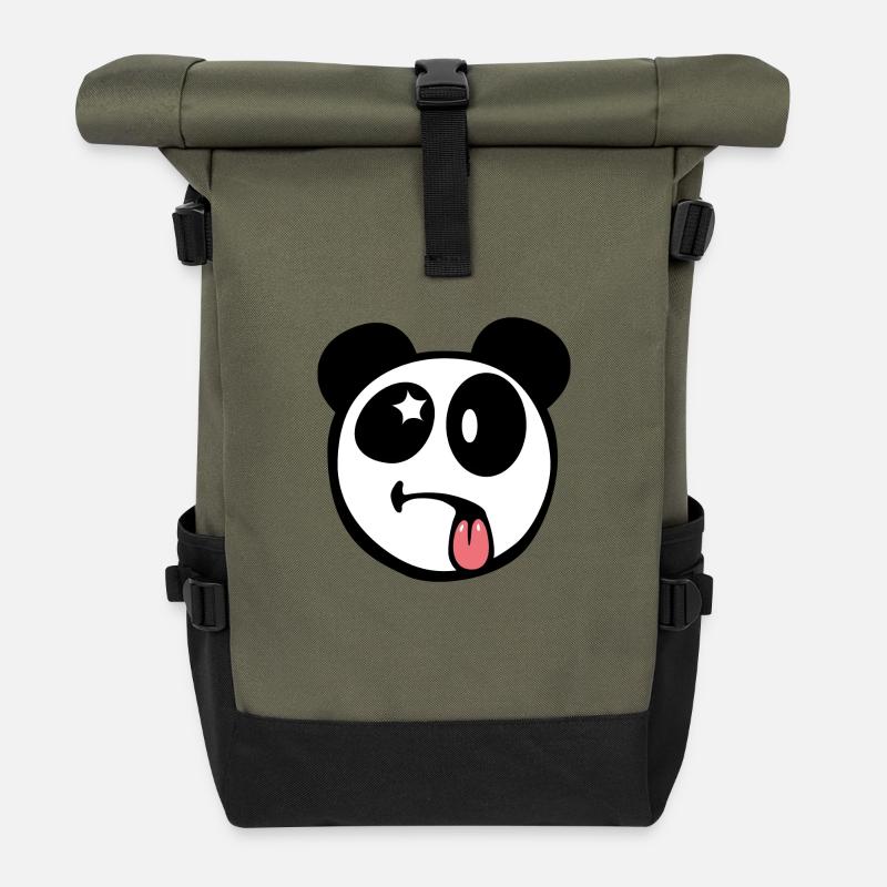 Smiley kawaii Panda - Roll Top Backpack - olive/black