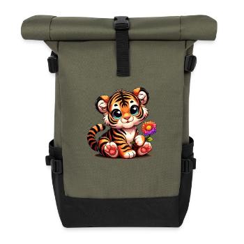 Süßes Tigerbaby mit Blume in der Hand - Rolltop Rucksack - Olive/Schwarz - Vorne
