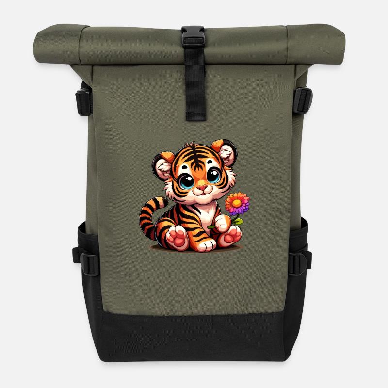 Süßes Tigerbaby mit Blume in der Hand - Rolltop Rucksack - Olive/Schwarz