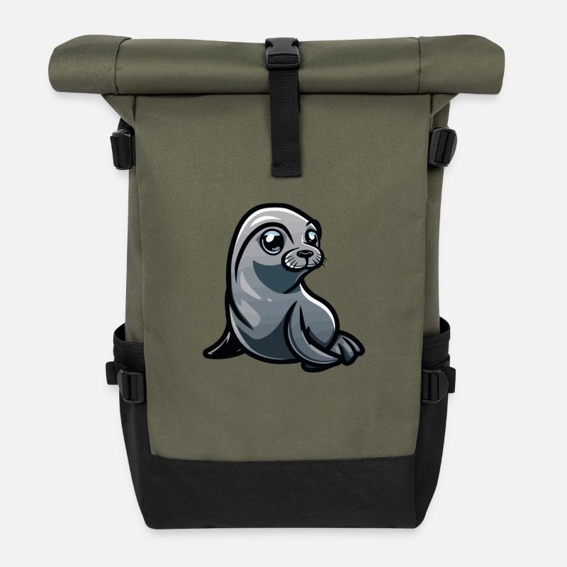 Bande dessinée d’animaux de phoque - Sac à dos roll top - olive/noir