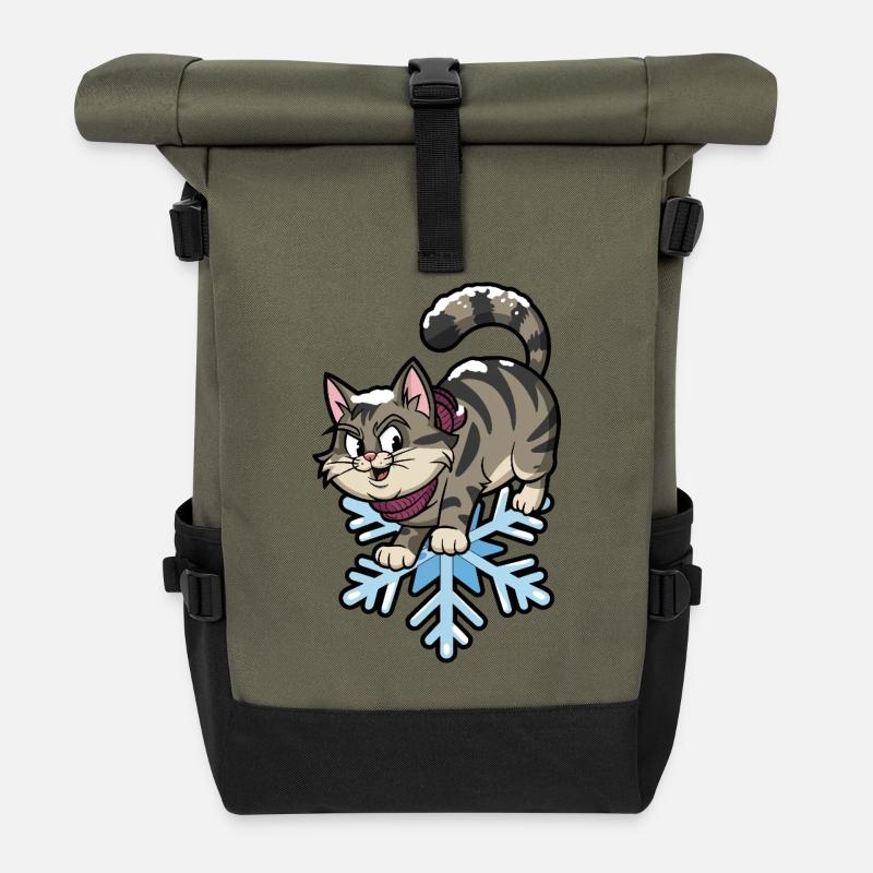 Winter Siberian Snow Cat - Roll Top Backpack - olive/black