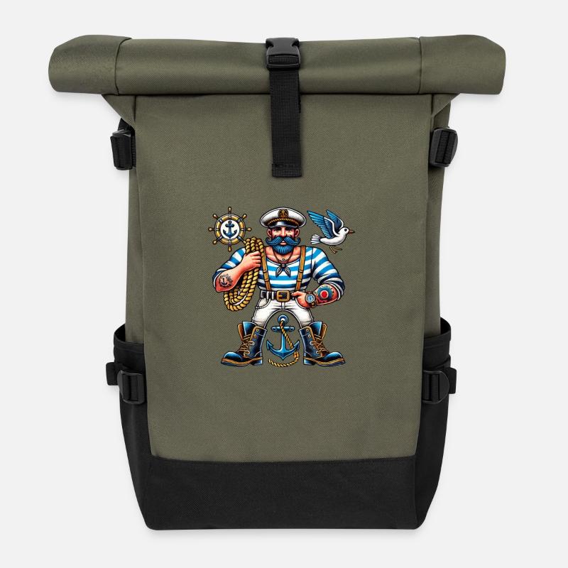 Matrose Seemann Comic - Rolltop Rucksack - Olive/Schwarz