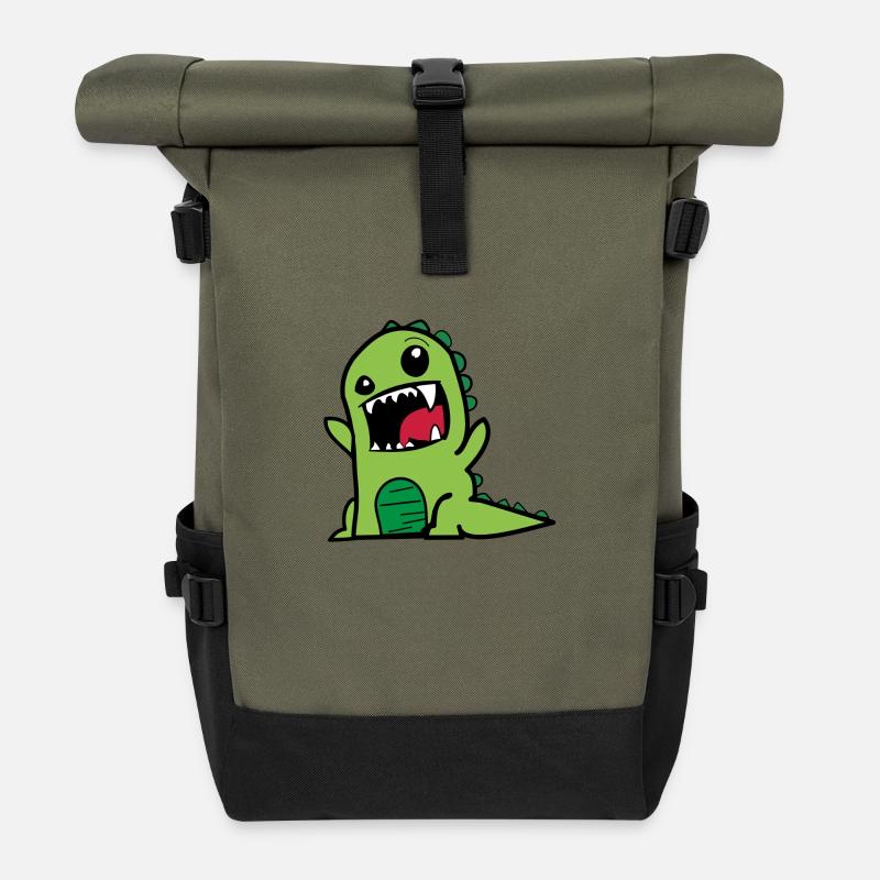 Dinosaurier T-Rex Comic Style Dino in grün - Rolltop Rucksack - Olive/Schwarz