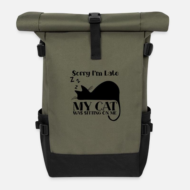 Sorry I'm late - my cat was sitting on me - Roll Top Backpack - olive/black