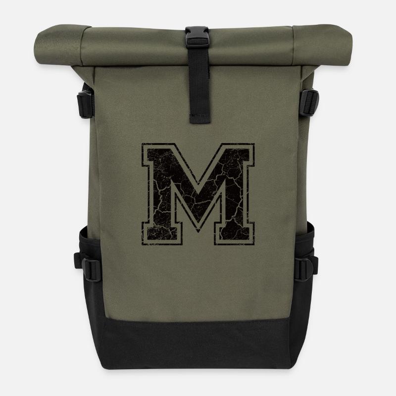 Buchstabe M im Vintage-Shabby-Chic - Rolltop Rucksack - Olive/Schwarz