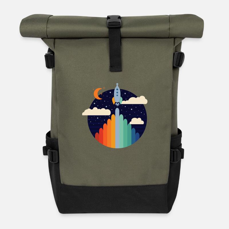 Rakete (Bunte Streifen, Kreis) - Rolltop Rucksack - Olive/Schwarz