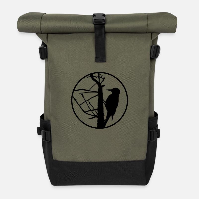 Specht / Woodpecker / Silhouette / Vogel - Rolltop Rucksack - Olive/Schwarz