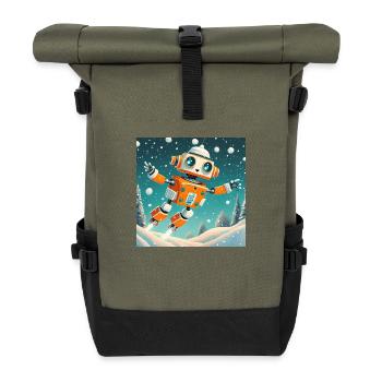 niedlicher kleiner orangefarbener futuristischer Vintage-Roboter - Rolltop Rucksack - Olive/Schwarz - Vorne