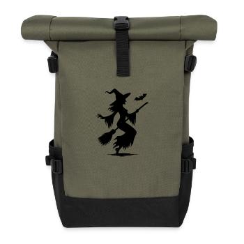 Gruselige Halloween Hexen mit Besen und Fledermaus - Rolltop Rucksack - Olive/Schwarz - Vorne