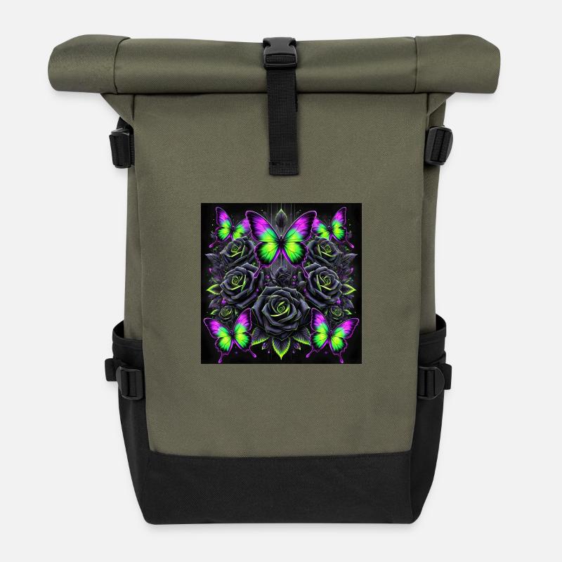 Neon Gothic Butterfly Art - Roll Top Backpack - olive/black