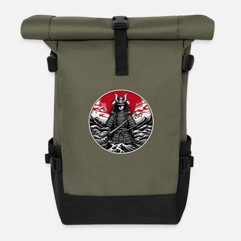 Red Samurai Warrior White - Roll Top Backpack - olive/black