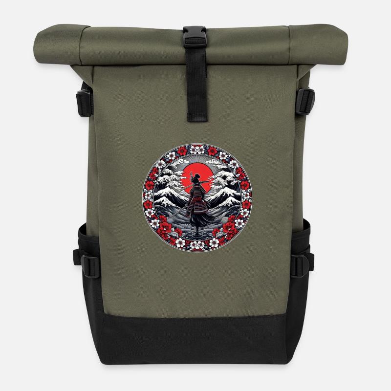 Ombre Samurai Girl Cherry Blossom - Roll Top Backpack - olive/black